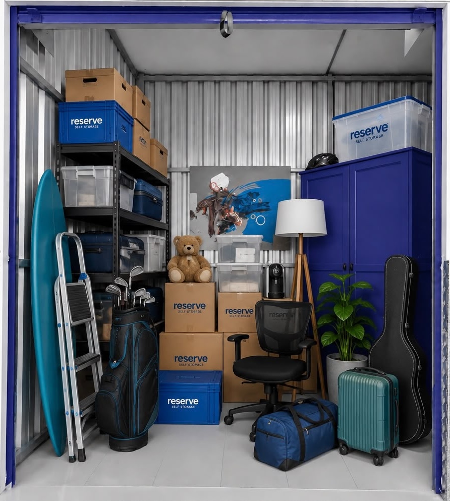 Box da Reserve Self Storage cheio de móveis, caixas, malas e objetos pessoais